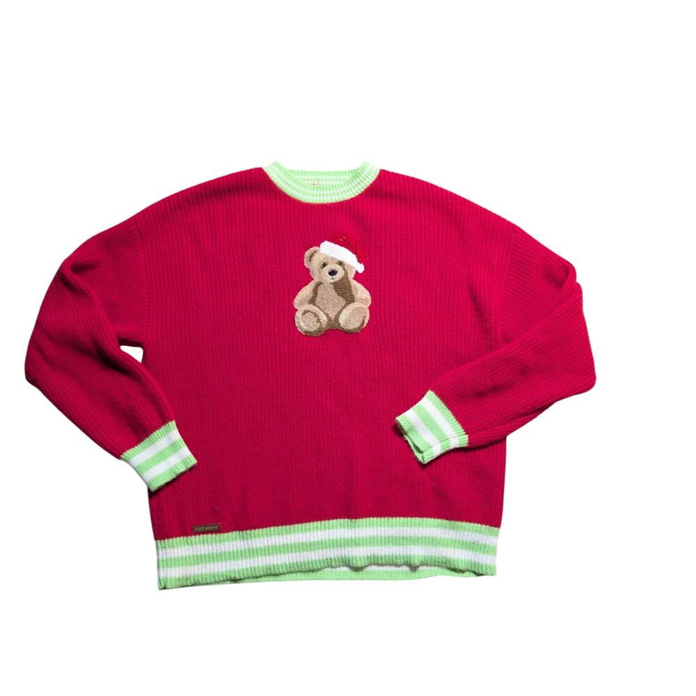 Simply Southern Harper Teddy Bear Christmas Sweater XXL Pink Red Green Striped